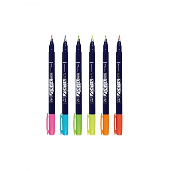 톰보우 56437 후데노스케 네온 브러쉬 펜 6팩. 서예와 예술 그림을 위한 다양한 네온 컬러의 하드 팁 후데노스케 브러시 펜