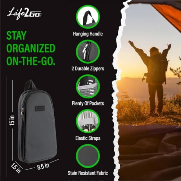 Life 2 Go 10개 캠프 조리 도구 세트 및 야외 주방 용품 조리기구 키트, 캠핑, 하이킹, 여행, 바비큐 그릴용 휴대용 소형 운반 케이스 스테인레스 스틸 액세서리 스푼 및 