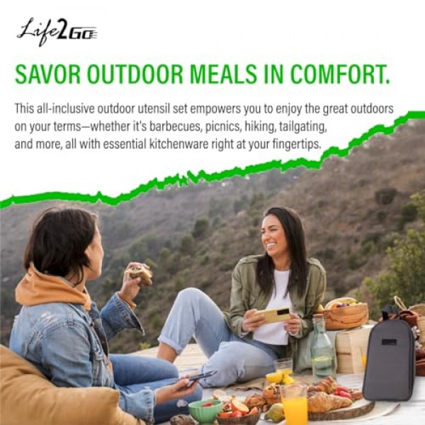 Life 2 Go 10개 캠프 조리 도구 세트 및 야외 주방 용품 조리기구 키트, 캠핑, 하이킹, 여행, 바비큐 그릴용 휴대용 소형 운반 케이스 스테인레스 스틸 액세서리 스푼 및 