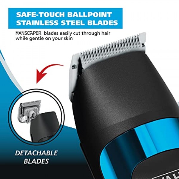Wahl MANSCAPER 충전식 디럭스 헤어 트리머 및 면도기(안전 터치 분리형 스테인레스 스틸 정밀 블레이드 포함)로 전체 바디 그루밍 및 모발 관리용 - 모델 5708