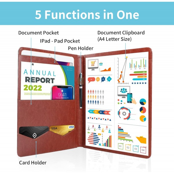 GUYUCOM A4 회의 폴더, Personal Organizer 폴더 A4(클립보드 포함), 파일 케이스, 카드 홀더, 사무용 포켓(브라운)