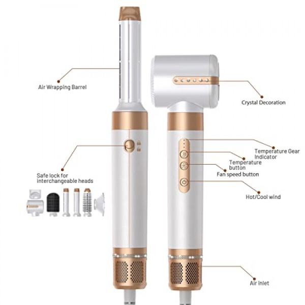UKLISS 다이아몬드가 포함된 110,000rpm 헤어 드라이어, 2023 새로운 7-in-1 에어 헤어 스타일러(헤어 드라이어 포함), 열풍 브러시, 컬링 아이언, 마사지 열풍 브러시, 디퓨저,