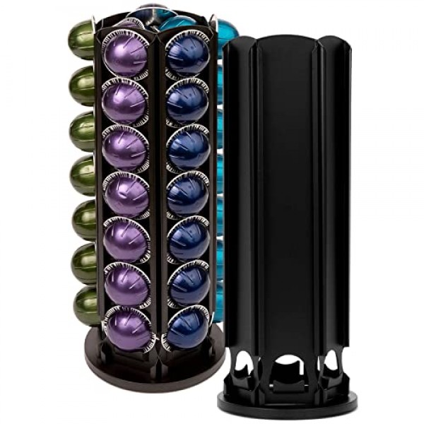 Nespresso Vertuo 캡슐과 호환되는 포드 회전목마 홀더, 360° 회전 가능한 검정색 대용량 42개 포드 보관함, 설탕, 크림 또는 액세서리를 위한 중앙 정리함