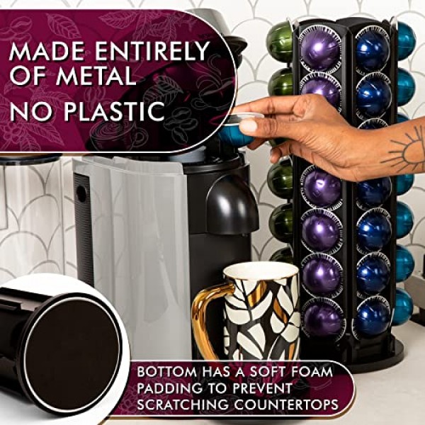 Nespresso Vertuo 캡슐과 호환되는 포드 회전목마 홀더, 360° 회전 가능한 검정색 대용량 42개 포드 보관함, 설탕, 크림 또는 액세서리를 위한 중앙 정리함