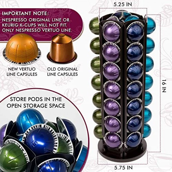 Nespresso Vertuo 캡슐과 호환되는 포드 회전목마 홀더, 360° 회전 가능한 검정색 대용량 42개 포드 보관함, 설탕, 크림 또는 액세서리를 위한 중앙 정리함