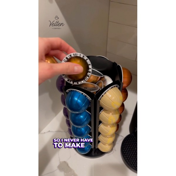 Nespresso Vertuo 캡슐과 호환되는 포드 회전목마 홀더, 360° 회전 가능한 검정색 대용량 42개 포드 보관함, 설탕, 크림 또는 액세서리를 위한 중앙 정리함