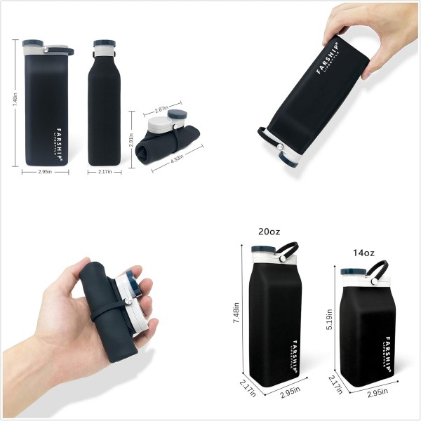 Farship Lifestyle 접을 수 있는 실리콘 물병 5색 경량 누출 방지 및 BPA 프리(블랙, 590ml) 블랙 20oz