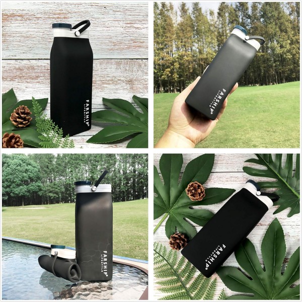 Farship Lifestyle 접을 수 있는 실리콘 물병 5색 경량 누출 방지 및 BPA 프리(블랙, 590ml) 블랙 20oz