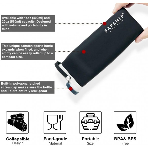Farship Lifestyle 접을 수 있는 실리콘 물병 5색 경량 누출 방지 및 BPA 프리(블랙, 590ml) 블랙 20oz