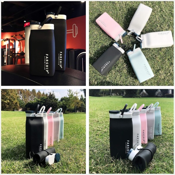 Farship Lifestyle 접을 수 있는 실리콘 물병 5색 경량 누출 방지 및 BPA 프리(블랙, 590ml) 블랙 20oz