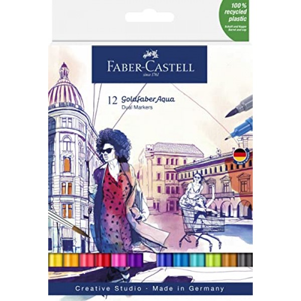 Faber-Castell Goldfaber 아쿠아 듀얼 팁 수채화 마커 - 12개의 수채화 브러시 펜, 성인용 수채화 마커, 리얼 브러시 펜촉 및 파인라이너 팁 아트 마커