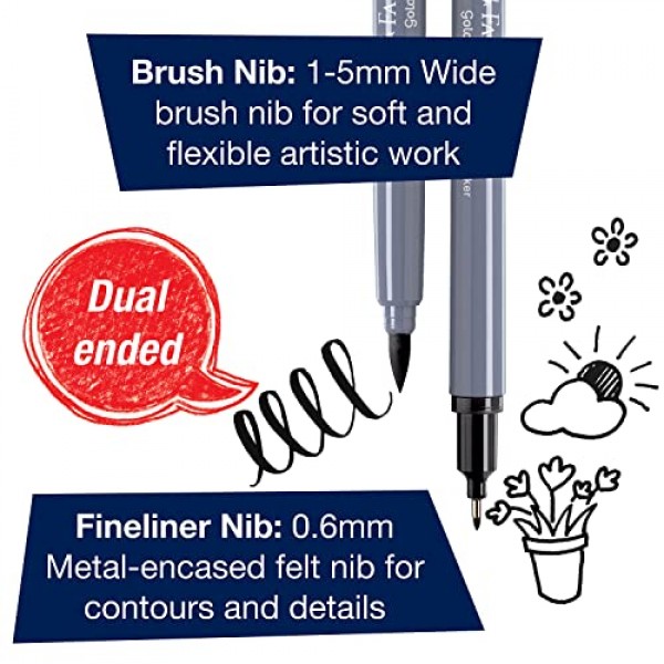 Faber-Castell Goldfaber 아쿠아 듀얼 팁 수채화 마커 - 12개의 수채화 브러시 펜, 성인용 수채화 마커, 리얼 브러시 펜촉 및 파인라이너 팁 아트 마커
