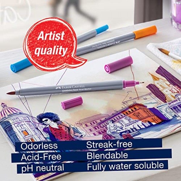 Faber-Castell Goldfaber 아쿠아 듀얼 팁 수채화 마커 - 12개의 수채화 브러시 펜, 성인용 수채화 마커, 리얼 브러시 펜촉 및 파인라이너 팁 아트 마커