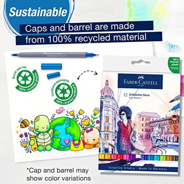 Faber-Castell Goldfaber 아쿠아 듀얼 팁 수채화 마커 - 12개의 수채화 브러시 펜, 성인용 수채화 마커, 리얼 브러시 펜촉 및 파인라이너 팁 아트 마커