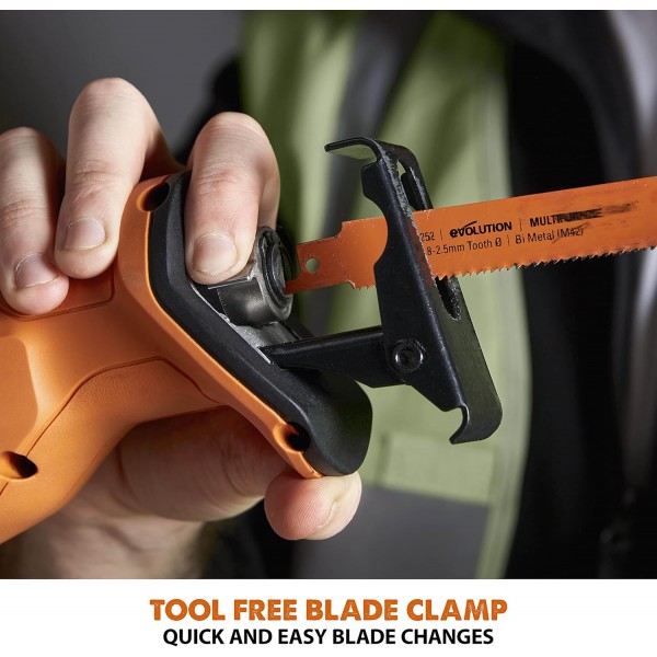 Evolution 전동 공구 R150RCP-Li 왕복 톱, 복합 재료 절단 - 왕복 톱날 2개 포함 - 배터리 미포함, 블랙/오렌지(104-0001) 무선 왕복 톱 R150RCP-LI