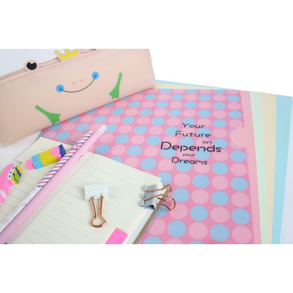 Emartbuy Cool Stationery Unique Gift Set with A7 노트북 다이어리, 문서 폴더, 연필 케이스, 가위, 지우개, 연필 - 핑크 & 블루 도트 핑크와 블루 도트