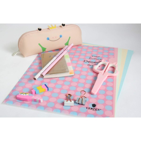 Emartbuy Cool Stationery Unique Gift Set with A7 노트북 다이어리, 문서 폴더, 연필 케이스, 가위, 지우개, 연필 - 핑크 & 블루 도트 핑크와 블루 도트
