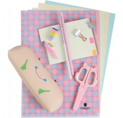 Emartbuy Cool Stationery Unique Gift Set with A7 노트북 다이어리, 문서 폴더, 연필 케이스, 가위, 지우개, 연필 - 핑크 & 블루 도트 핑크와 블루 도트