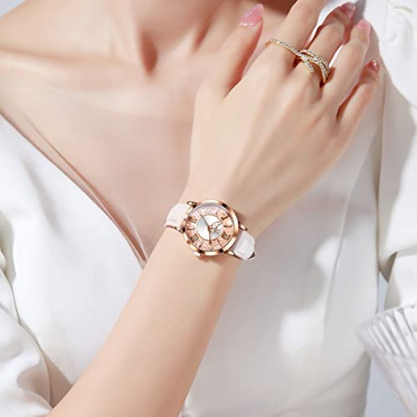 OLEVS 여성용 일본 쿼츠 시계 여성 패션 Quicksand 다이얼 가죽 3ATM 방수 여성용 시계 팔찌 선물 세트, 스트랩.