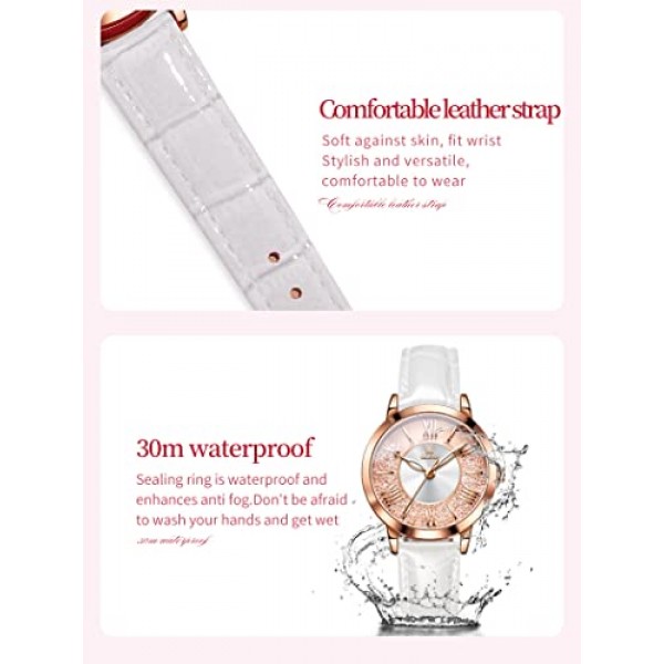 OLEVS 여성용 일본 쿼츠 시계 여성 패션 Quicksand 다이얼 가죽 3ATM 방수 여성용 시계 팔찌 선물 세트, 스트랩.