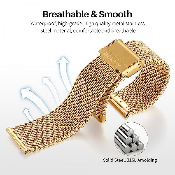 남성 여성용 BERNY 스테인레스 스틸 메쉬 시계 밴드, 퀵 릴리스 조정 가능한 밀라노 시계 스트랩, 이중 안전 걸쇠가 있는 견고한 금속 시계 팔찌 골드 블루