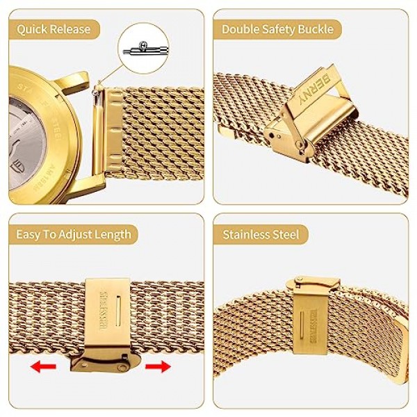 남성 여성용 BERNY 스테인레스 스틸 메쉬 시계 밴드, 퀵 릴리스 조정 가능한 밀라노 시계 스트랩, 이중 안전 걸쇠가 있는 견고한 금속 시계 팔찌 골드 블루