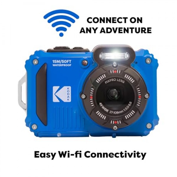 Kodak PIXPRO WPZ2 견고한 방수 충격방지 디지털 카메라 16MP 4X 광학 줌 1080P 풀 HD 비디오, 2.7인치 LCD(블루), 32GB SD 카드, 블랙 컴팩트 카메라 케이스, 플로팅 스트랩, 번들(7개