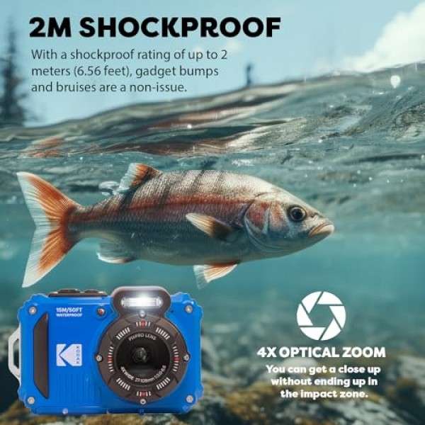 Kodak PIXPRO WPZ2 견고한 방수 충격방지 디지털 카메라 16MP 4X 광학 줌 1080P 풀 HD 비디오, 2.7인치 LCD(블루), 32GB SD 카드, 블랙 컴팩트 카메라 케이스, 플로팅 스트랩, 번들(7개