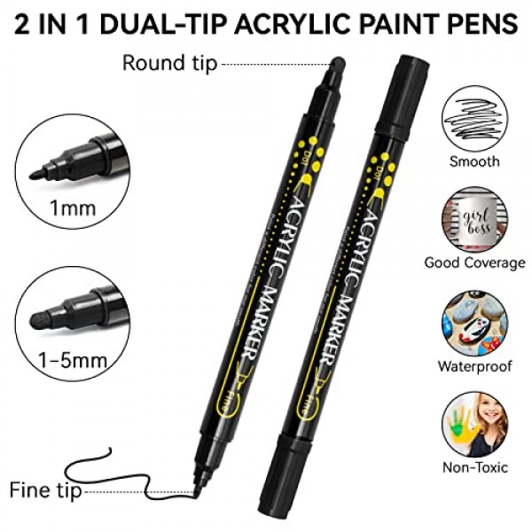 Tesquio 블랙 페인트 마커, 8 팩 듀얼 팁 아크릴 페인트 펜, 목재, 암석 그림, 캔버스, 석재, 유리, 세라믹에 이상적