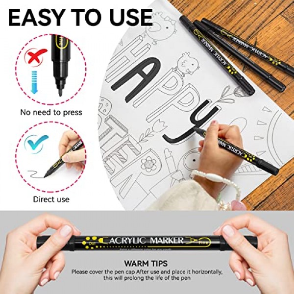 Tesquio 블랙 페인트 마커, 8 팩 듀얼 팁 아크릴 페인트 펜, 목재, 암석 그림, 캔버스, 석재, 유리, 세라믹에 이상적