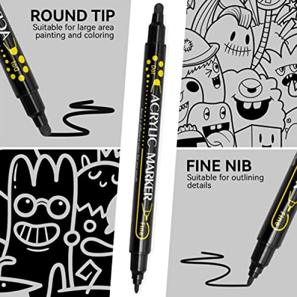 Tesquio 블랙 페인트 마커, 8 팩 듀얼 팁 아크릴 페인트 펜, 목재, 암석 그림, 캔버스, 석재, 유리, 세라믹에 이상적
