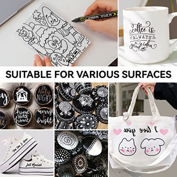 Tesquio 블랙 페인트 마커, 8 팩 듀얼 팁 아크릴 페인트 펜, 목재, 암석 그림, 캔버스, 석재, 유리, 세라믹에 이상적