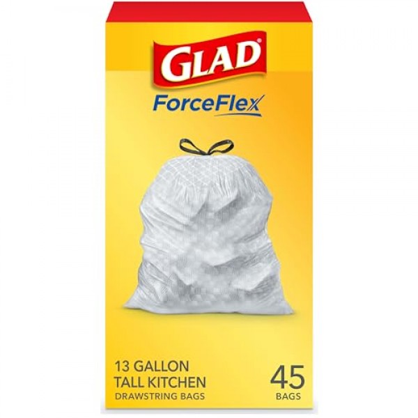 Glad ForceFlex 키가 큰 주방용 조임끈 쓰레기 봉투, 13갤런, 45개(패키지는 다를 수 있음)