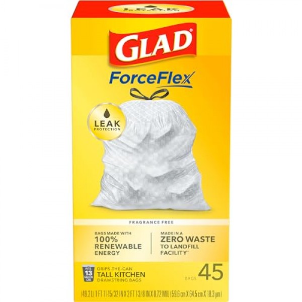 Glad ForceFlex 키가 큰 주방용 조임끈 쓰레기 봉투, 13갤런, 45개(패키지는 다를 수 있음)