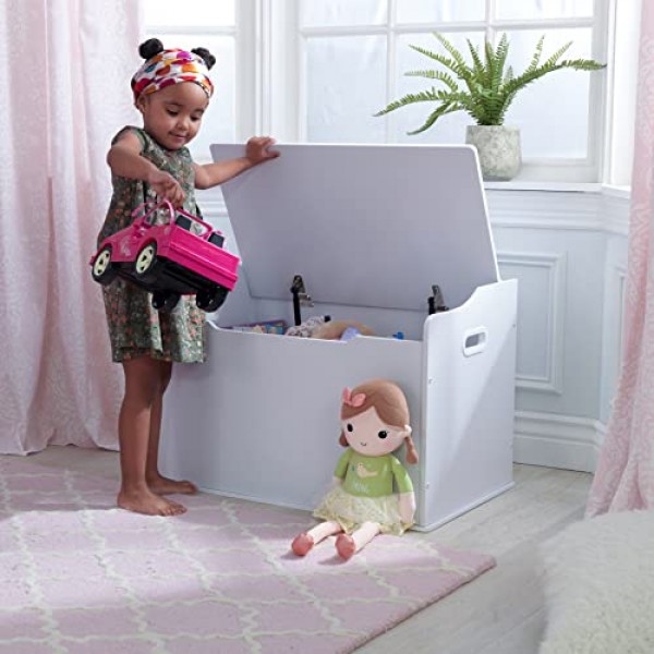 KidKraft Austin 나무 장난감 상자/안전 힌지 뚜껑이 있는 벤치, 흰색, 3세 이상을 위한 선물 흰색 클래식