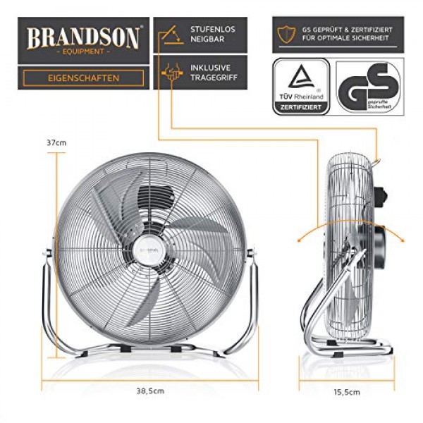 Brandson Retro Wind Machine 스타일 플로어 팬, 크롬 팬, 30cm, 높은 공기 흐름을 갖춘 테이블 팬/플로어 팬, 보안 스탠드, 팬 헤드의 무한 조정 가능한 기울기, 실버