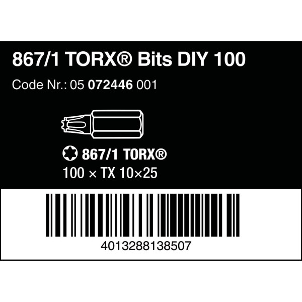 Wera 05072446001 TX10 x 25mm 867/1 소켓 나사용 DIY 비트 - 실버(100개) T10