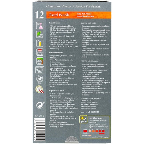 CRETACOLOR 파스텔 연필 | 높은 내광성을 가진 파스텔 연필 | 12색 12개입(1팩) 멀티컬러