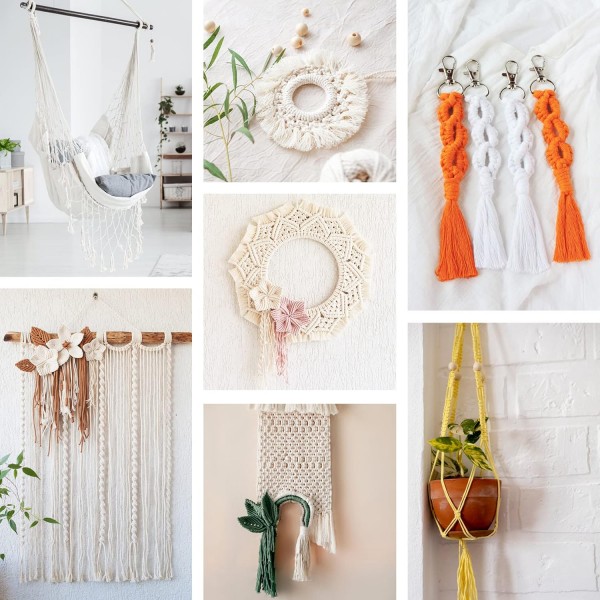 Qetlavee 3pcs 마크라메 원사, 10개의 열쇠 고리가 있는 DIY 보헤미안 장식 공예품을 위한 다채로운 면 마크라메 면사 40개의 나무 구슬 6개의 나무 반지 2개의 둥근 막대(3mmx