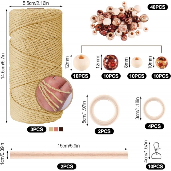 Qetlavee 3pcs 마크라메 원사, 10개의 열쇠 고리가 있는 DIY 보헤미안 장식 공예품을 위한 다채로운 면 마크라메 면사 40개의 나무 구슬 6개의 나무 반지 2개의 둥근 막대(3mmx
