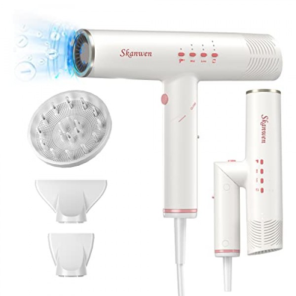 헤어 드라이어, 빠른 건조를 위한 110,000RPM 브러시리스 모터가 장착된 전문 이온 블로우 드라이어, 접이식 본체 디자인, 4단계 및 3단계 속도, 열 손상 없음 가정 여행 