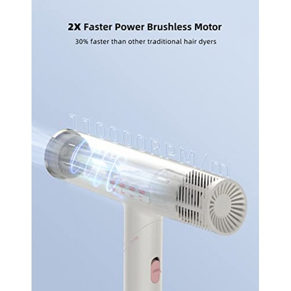헤어 드라이어, 빠른 건조를 위한 110,000RPM 브러시리스 모터가 장착된 전문 이온 블로우 드라이어, 접이식 본체 디자인, 4단계 및 3단계 속도, 열 손상 없음 가정 여행 
