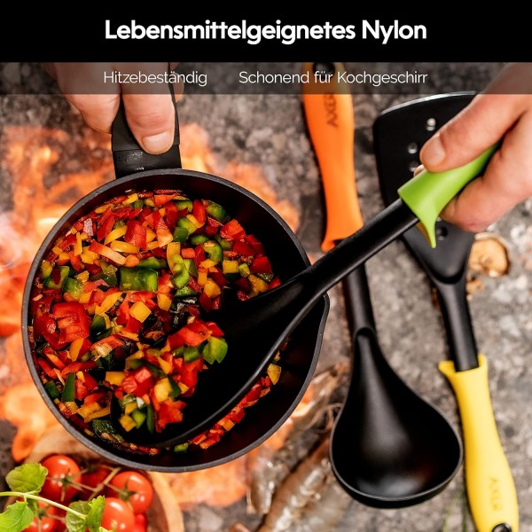 회전 스탠드가 있는 Axer 나일론 조리 기구 세트 - 6피스 - 여러 가지 색상의 주방 세트에는 숟가락 국자 스키머 터너 주걱 및 스파게티 숟가락 포함 - 식기세척기 사용 