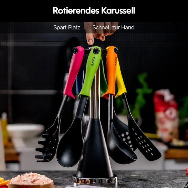 회전 스탠드가 있는 Axer 나일론 조리 기구 세트 - 6피스 - 여러 가지 색상의 주방 세트에는 숟가락 국자 스키머 터너 주걱 및 스파게티 숟가락 포함 - 식기세척기 사용 