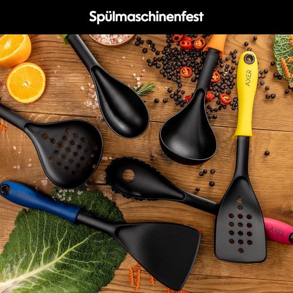 회전 스탠드가 있는 Axer 나일론 조리 기구 세트 - 6피스 - 여러 가지 색상의 주방 세트에는 숟가락 국자 스키머 터너 주걱 및 스파게티 숟가락 포함 - 식기세척기 사용 