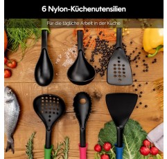 회전 스탠드가 있는 Axer 나일론 조리 기구 세트 - 6피스 - 여러 가지 색상의 주방 세트에는 숟가락 국자 스키머 터너 주걱 및 스파게티 숟가락 포함 - 식기세척기 사용 