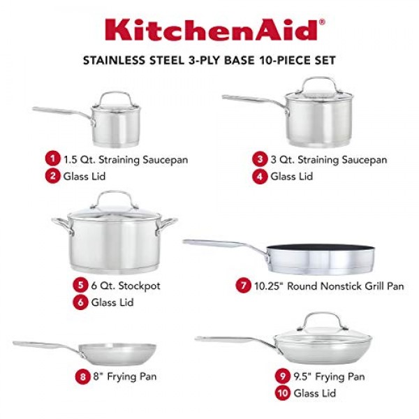 KitchenAid 3겹 베이스 스테인리스 스틸 조리기구 냄비 및 팬 세트, 10피스, 브러시드 스테인리스