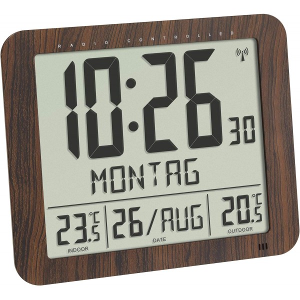 온도 표시 기능이 있는 TFA Dostmann 60.4518.08 디지털 라디오 벽시계(배터리 포함 브라운)