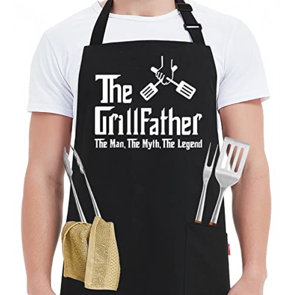 남성용 Kaidouma 웃긴 그릴 앞치마 아빠 - The Grillfather - 남성용 웃긴 요리사 요리 그릴 바비큐 앞치마(주머니 2개 포함) - 아빠, 새아빠, 시아버지, 남편을 위한 생일 아버