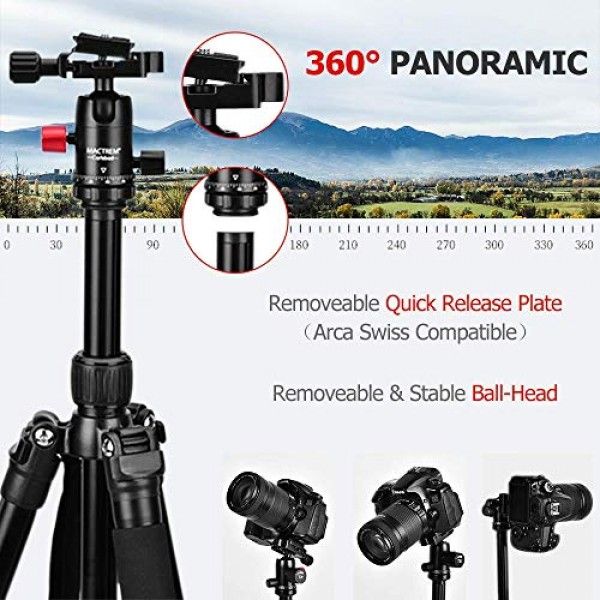 휴대폰 마운트가 포함된 MACTREM 전문 카메라 삼각대, 여행용 62인치 DSLR 삼각대, 초경량 및 안정적인 안정성, 볼 헤드 삼각대 분리형 모노포드(휴대용 가방 포함)(검은색